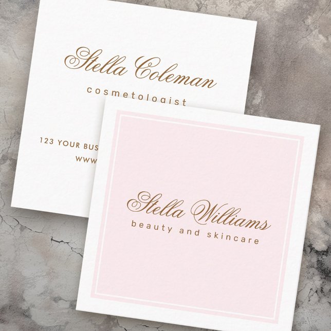 Tarjeta De Visita Cuadrada Moda azul de belleza rosa blanco cuidado minimalis (Chic, light pink and white beauty skincare minimalist square business card)