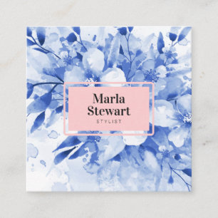 Tarjeta De Visita Cuadrada Moda azul floral acuarela elegante rosa moderno