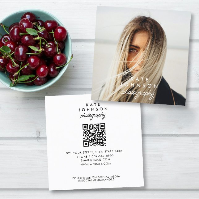 Tarjeta De Visita Cuadrada Moda de escritura moderna Foto completa Código QR  (Modern Script Chic Full Photo QR Code Social Media Square Business Card)