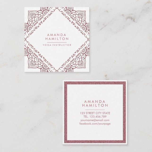 Tarjeta De Visita Cuadrada Moda Elegante blanco y oro Rosa MANDALA (Anverso / Reverso)