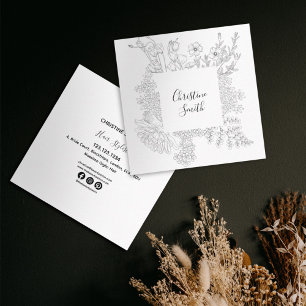 Tarjeta De Visita Cuadrada Moda Elegante Negro Y Flores De Ite Floral