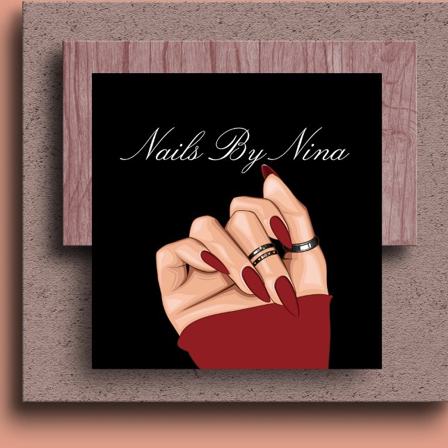 Tarjeta De Visita Cuadrada Moda Elegante Salón Nal Negro y Rojo Manicurista (Subido por el creador)