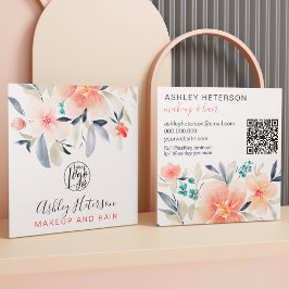 Tarjeta De Visita Cuadrada Moda floral boho código qr logo maquillaje de pelo