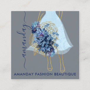 Tarjeta De Visita Cuadrada Moda Gold Blue Dress Logo QRCode Floral