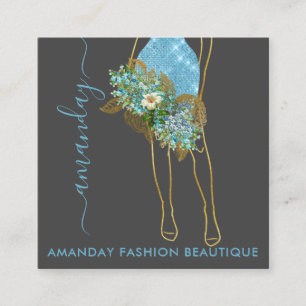 Tarjeta De Visita Cuadrada Moda Gold Blue Dress Logo QRCode Floral Wreath