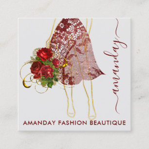 Tarjeta De Visita Cuadrada Moda Gold Red Dress Logo QRCode Floral