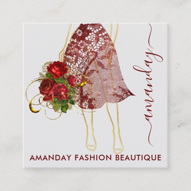 Tarjeta De Visita Cuadrada Moda Gold Red Dress Logo QRCode Floral (Anverso)