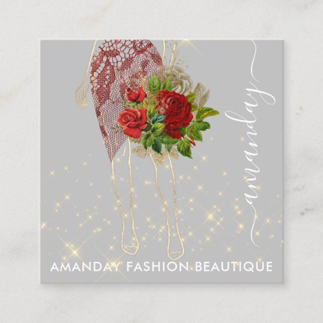 Tarjeta De Visita Cuadrada Moda Gold Red Dress Logo QRCode Floral (Anverso)