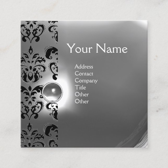 TARJETA DE VISITA CUADRADA MODA GRIS NEGRO BLANCO DAMASK GEMSTONE MONOGRAM (Anverso)