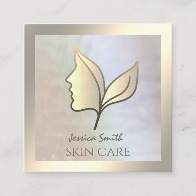 Tarjeta De Visita Cuadrada Moda holográfica elegante chica hojas de cara (Anverso)