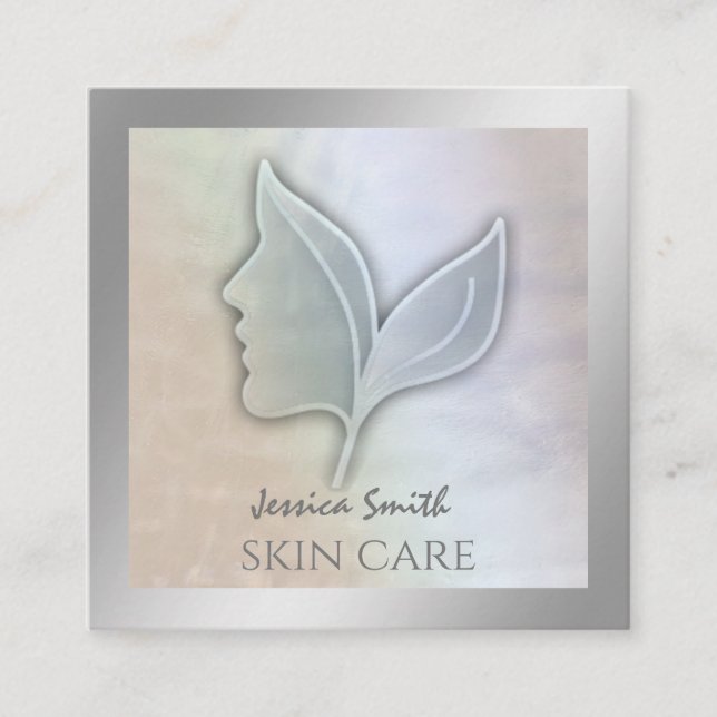 Tarjeta De Visita Cuadrada Moda holográfica elegante chica hojas de cara (Anverso)