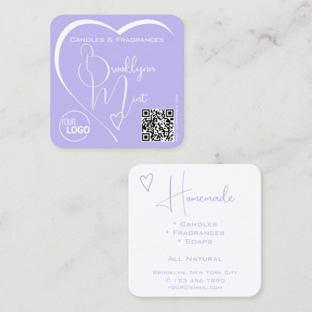 Tarjeta De Visita Cuadrada Moda Lilac White Caligraphy Heart Logo QR Code (Anverso / Reverso)