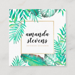 Tarjeta De Visita Cuadrada Moda marco dorado acuarela hojas verdes tropicales