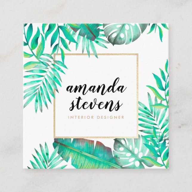 Tarjeta De Visita Cuadrada Moda marco dorado acuarela hojas verdes tropicales (Anverso)