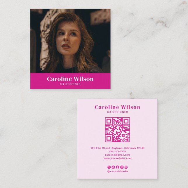 Tarjeta De Visita Cuadrada Moda moderna Código QR rosa caliente Foto Girly (Anverso / Reverso)