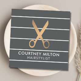 Tarjeta De Visita Cuadrada Moda moderna Rayas Gris Faux Gold Hair Stylist