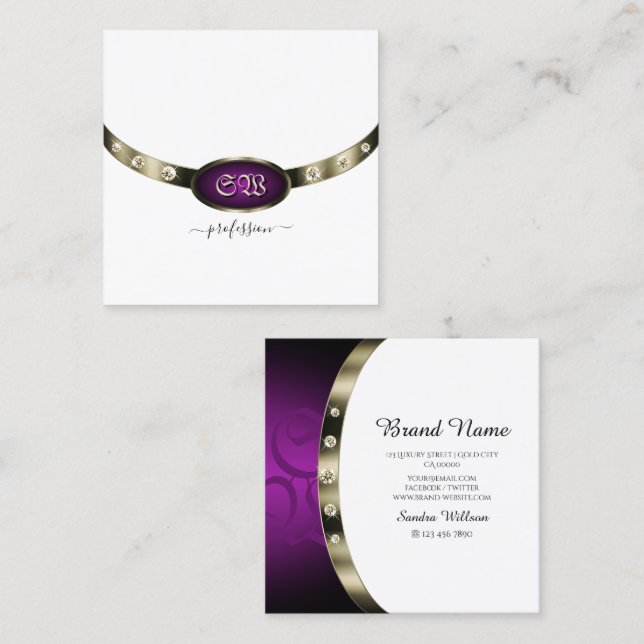 Tarjeta De Visita Cuadrada Moda Monograma blanco cromado plateado morado (Anverso / Reverso)