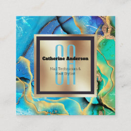 Tarjeta De Visita Cuadrada moda monograma cuadrado verde azul marble