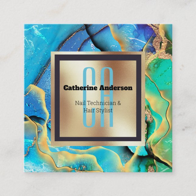 Tarjeta De Visita Cuadrada moda monograma cuadrado verde azul marble (Anverso)