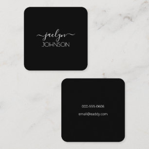 Tarjeta De Visita Cuadrada Moda negra Elegante Guión Blanco Nombre personaliz