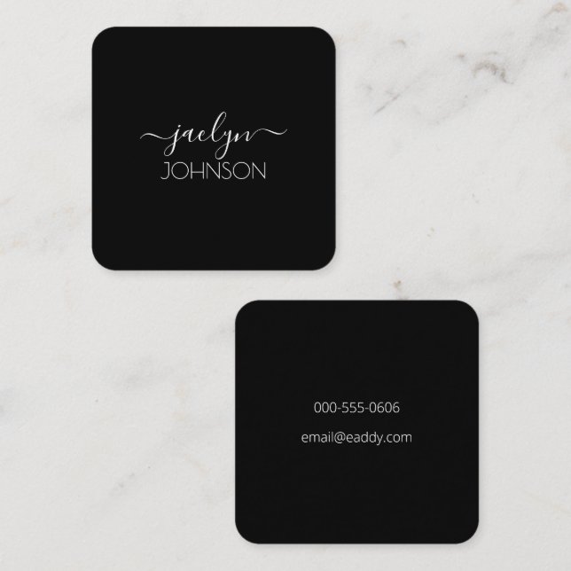 Tarjeta De Visita Cuadrada Moda negra Elegante Guión Blanco Nombre personaliz (Anverso / Reverso)