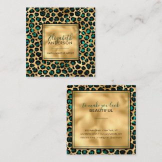 Tarjeta De Visita Cuadrada Moda Oro Leopardo Verde azulado Moda de impresión