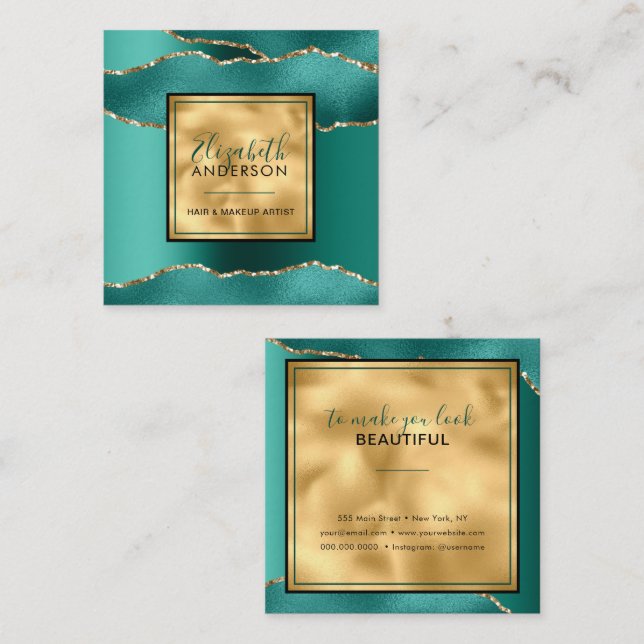 Tarjeta De Visita Cuadrada Moda Oro Purpurina Verde azulado Moda moderna (Anverso / Reverso)