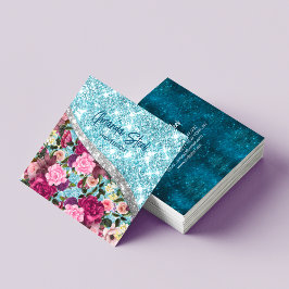 Tarjeta De Visita Cuadrada Moda purpurinoso floral aqua monograma de plata pú