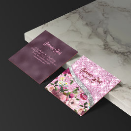 Tarjeta De Visita Cuadrada Moda purpurinoso floral Monograma de plata rosa mo
