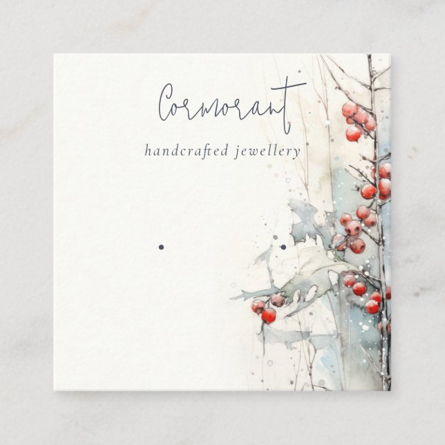 Tarjeta De Visita Cuadrada Moda Red Snow Winter Berries Earring Stud Holder (Anverso)