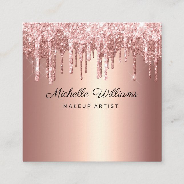 Tarjeta De Visita Cuadrada Moda Rosa Gold Dripping Purpurina Professional (Anverso)
