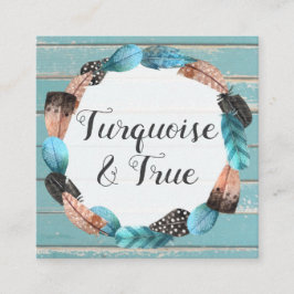Tarjeta De Visita Cuadrada Moda Rustic Turquoise Wood & Feather Arrow Boho