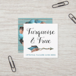 Tarjeta De Visita Cuadrada Moda Rustic Turquoise Wood & Feather Arrow Boho