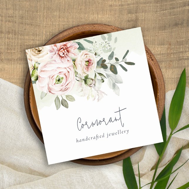 Tarjeta De Visita Cuadrada Moda suave Rubor Peony Pink Leafy Floral Botánica (Subido por el creador)