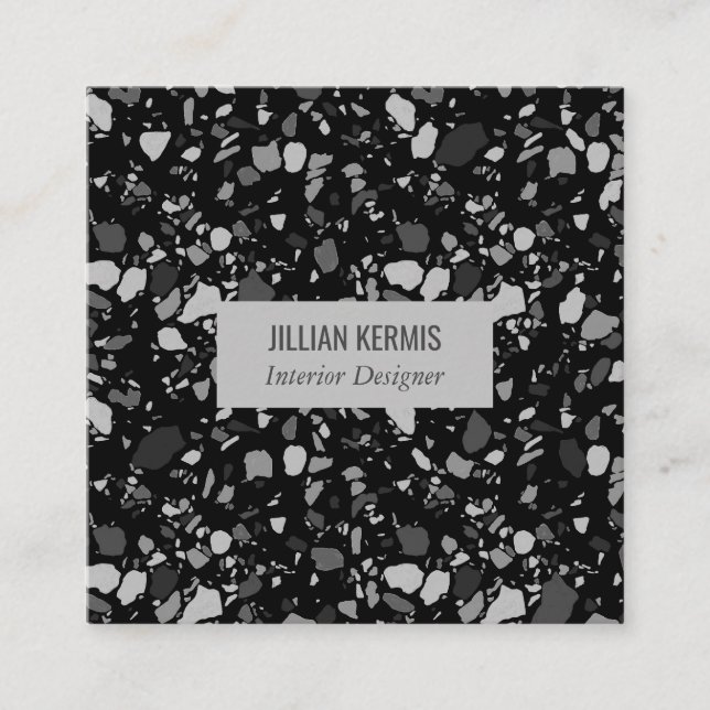 Tarjeta De Visita Cuadrada Moda terrazzo elegante escala de grises negro (Anverso)