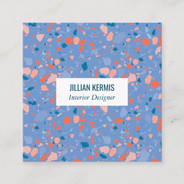 Tarjeta De Visita Cuadrada Moda terrazzo elegante perwinkle azul rosa (Anverso)