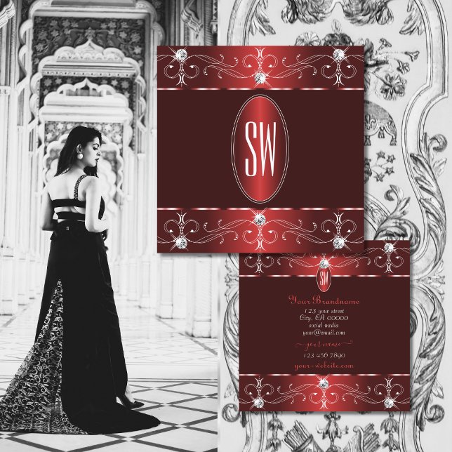 Tarjeta De Visita Cuadrada Moda Vino Rojo Borgoña Ornamentos Ornamentos Monog (Subido por el creador)