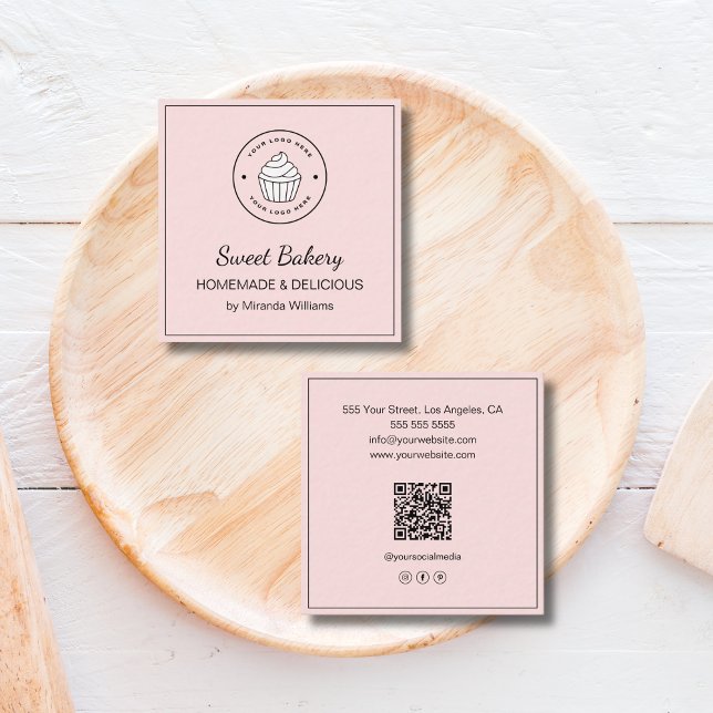 Tarjeta De Visita Cuadrada Modern Bakery Custom Logo QR Social Media Pink (Modern Bakery Custom Logo QR Social Media Pink Square Business Card)