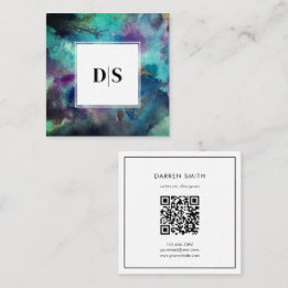 Tarjeta De Visita Cuadrada Modern Blue Watercolor Abstract QR Code Monogram