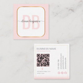 Tarjeta De Visita Cuadrada Modern blush pink and white Gold monogram Qr Code