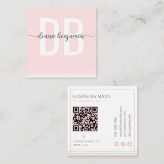 Tarjeta De Visita Cuadrada Modern blush pink and white monogram Qr Code