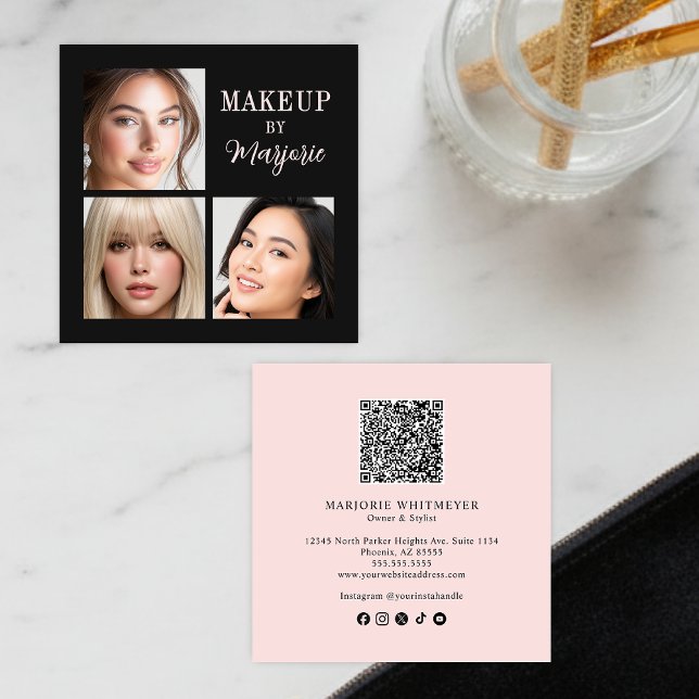 Tarjeta De Visita Cuadrada Modern Blush Pink Black Script 3 Photo Makeup (modern black blush pink script 3 photo makeup square business card elegant)
