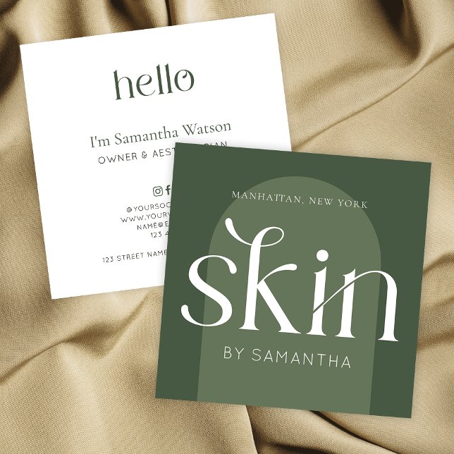 Tarjeta De Visita Cuadrada Modern Boho Sage Green Skincare Spa Aesthetician (Subido por el creador)