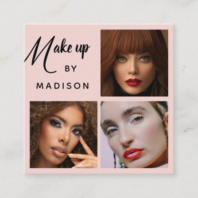 Tarjeta De Visita Cuadrada Modern Bold Black Script 3 Photo Makeup (Anverso)