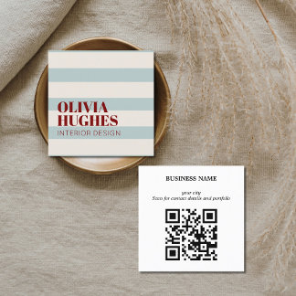 Tarjeta De Visita Cuadrada Modern Bold Stripes Green Deep Red QR code