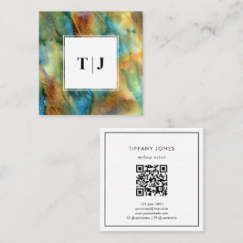 Tarjeta De Visita Cuadrada Modern Brown Watercolor Abstract Monogram QR Code