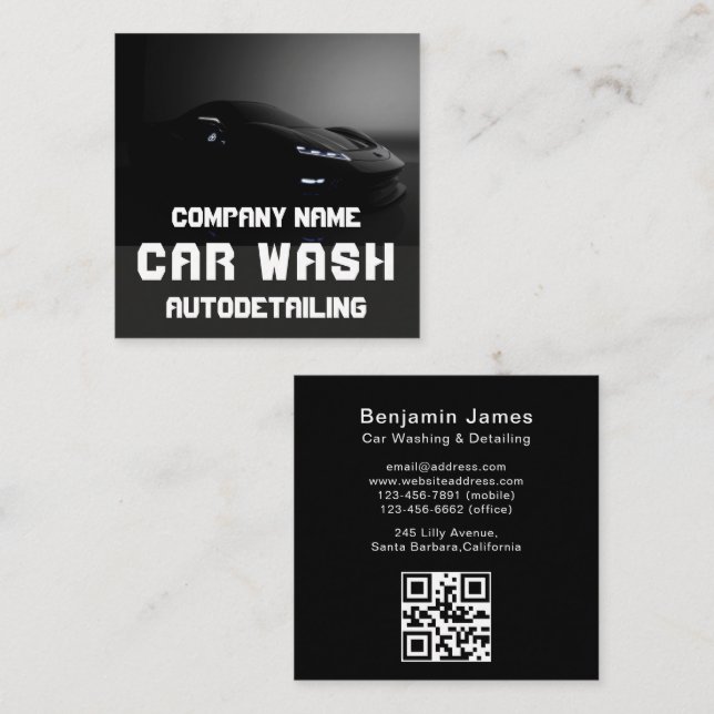 Tarjeta De Visita Cuadrada Modern Car Wash Automotive Cleaning QR Code  (Anverso / Reverso)