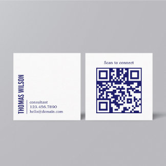Tarjeta De Visita Cuadrada Modern Clean Bold Blue White Consultant QR code