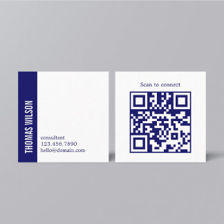 Tarjeta De Visita Cuadrada Modern Clean Bold Blue White Consultant QR code