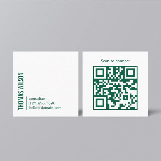 Tarjeta De Visita Cuadrada Modern Clean Bold Green White Consultant QR code